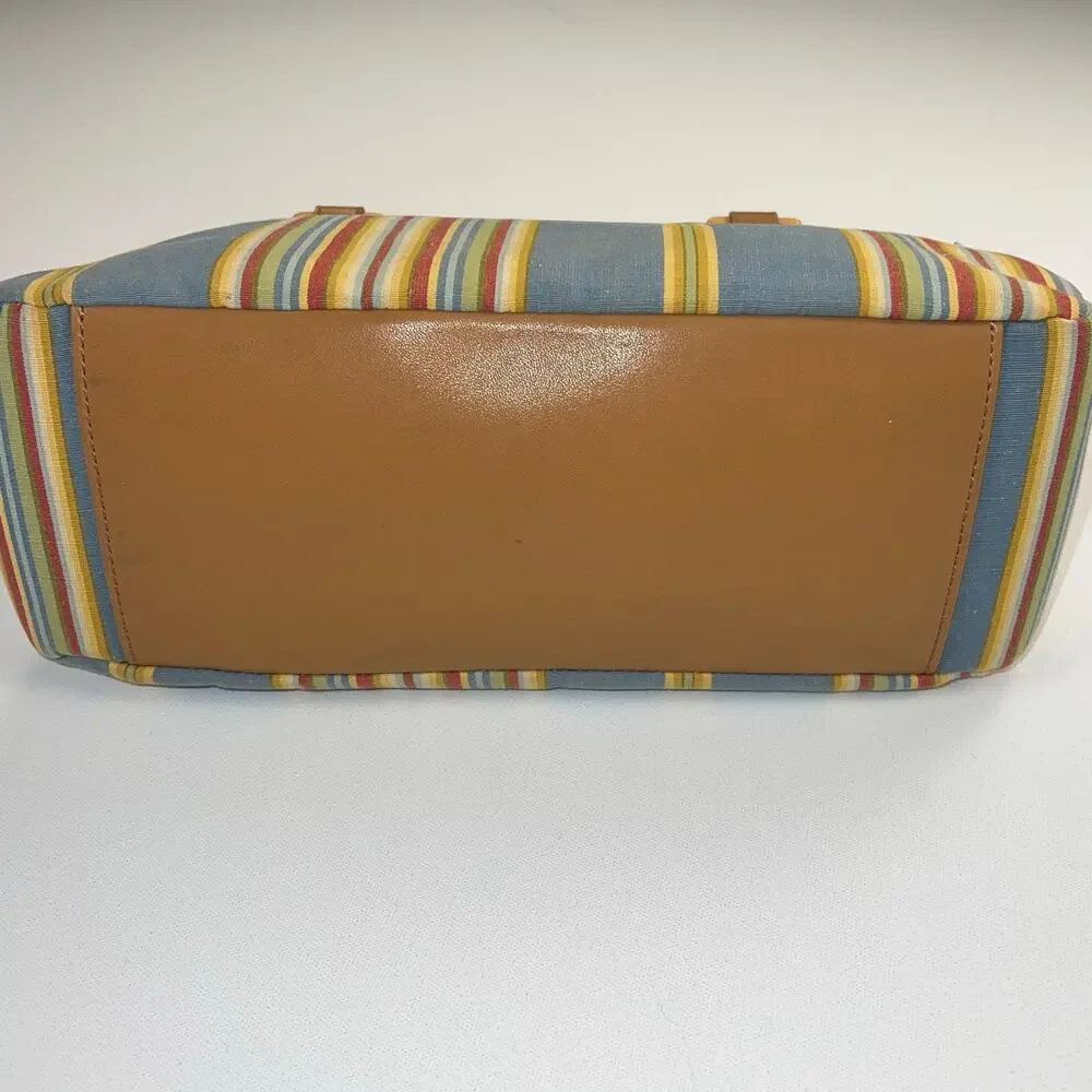 Fossil Cabana Stripe Canvas Wood Handled Satchel Handbag Purse Multicolor